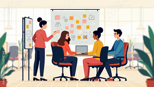 Office team brainstorming and collaborating at a table in a bright coworking space with whiteboard and sticky notes.