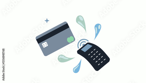 Contactless credit card payment with modern flat illustration style, showing splash and signal effect.
