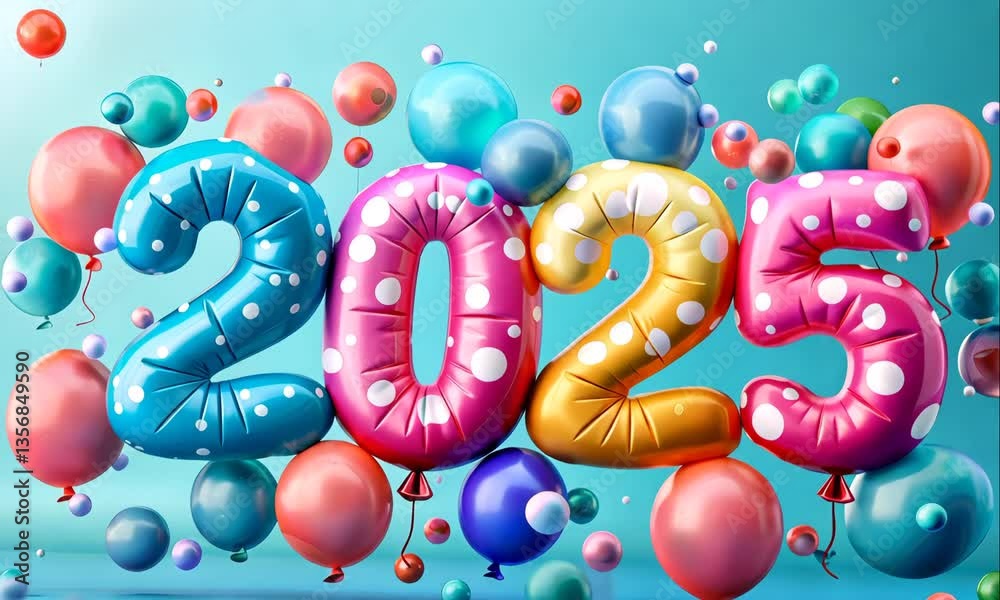 colorful balloons in the shape of the number 2025 animation
