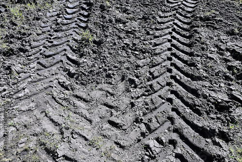 truck tire track in the mud of a cultivated field