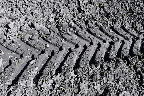 Obraz na płótnie truck tire track in the mud of a cultivated field w salonie
