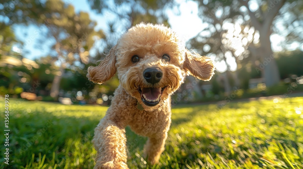 Poodle joyfully bounding through grassy meadow on a sunny day Poodle joyfully bounding through grassy meadow on a sunny day