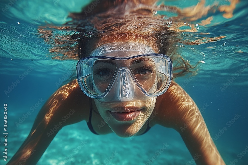 Fototapeta premium Snorkeling adventure in clear tropical waters featuring a joyful swimmer with a mask