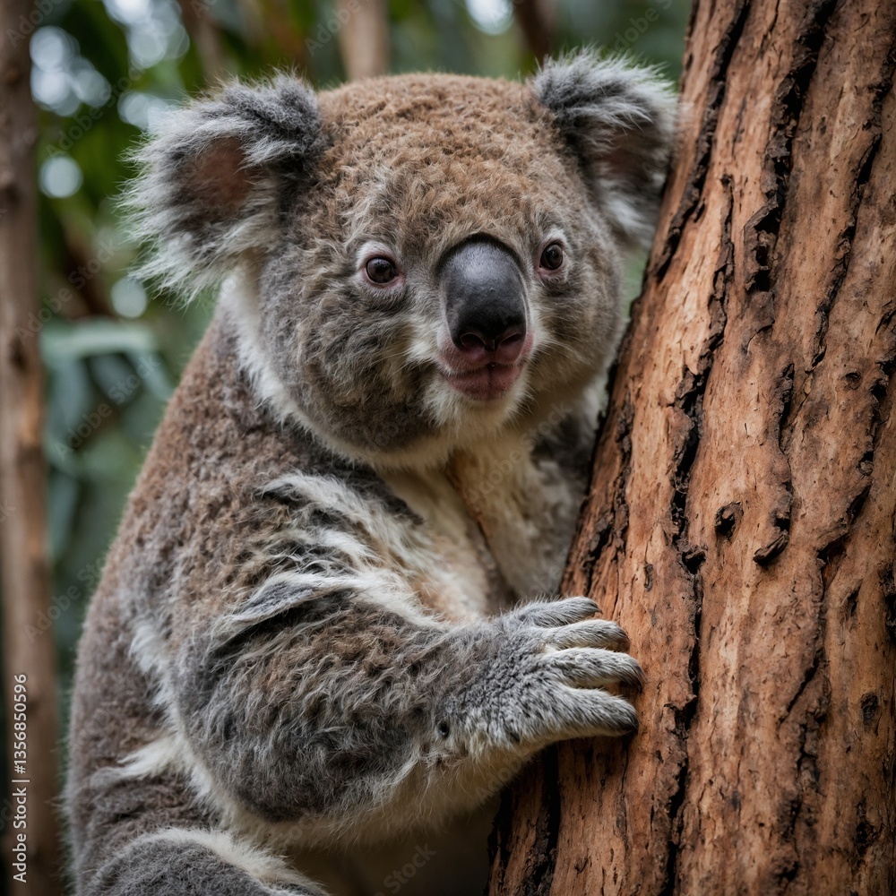 Obraz premium Koala Climbing Down a Tree Trunk.