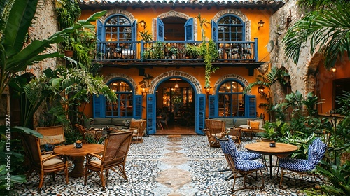 Colorful courtyard cafe, vibrant patio