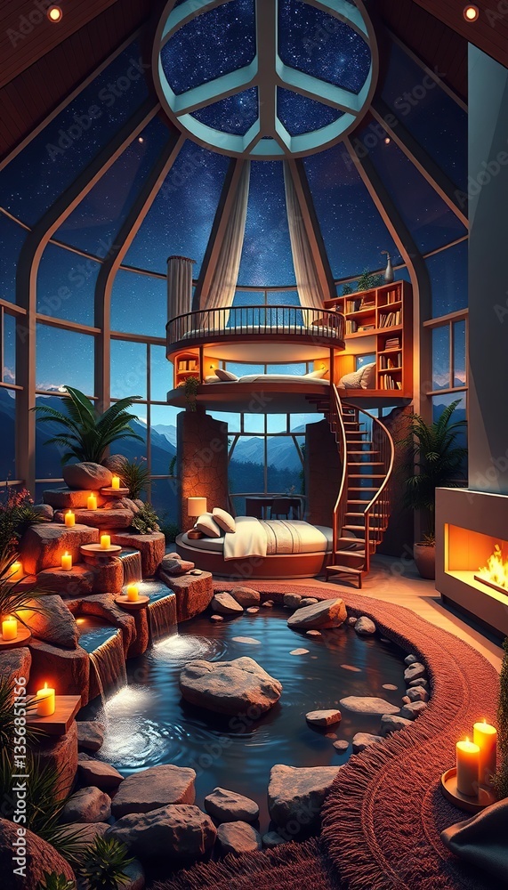 Obraz premium a luxurious yet cozy loft bedroom retreat, seamlessly blending modern indoor design with natural tranquility