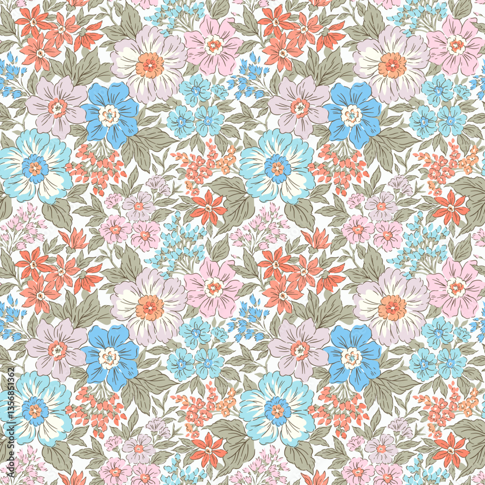 Beautiful floral pattern. Cute bouquet of small pastel blue, coral and rose pink flowers and green leaves. Light flowers on white background in trendy fashion vintage liberty style. Stock vector.