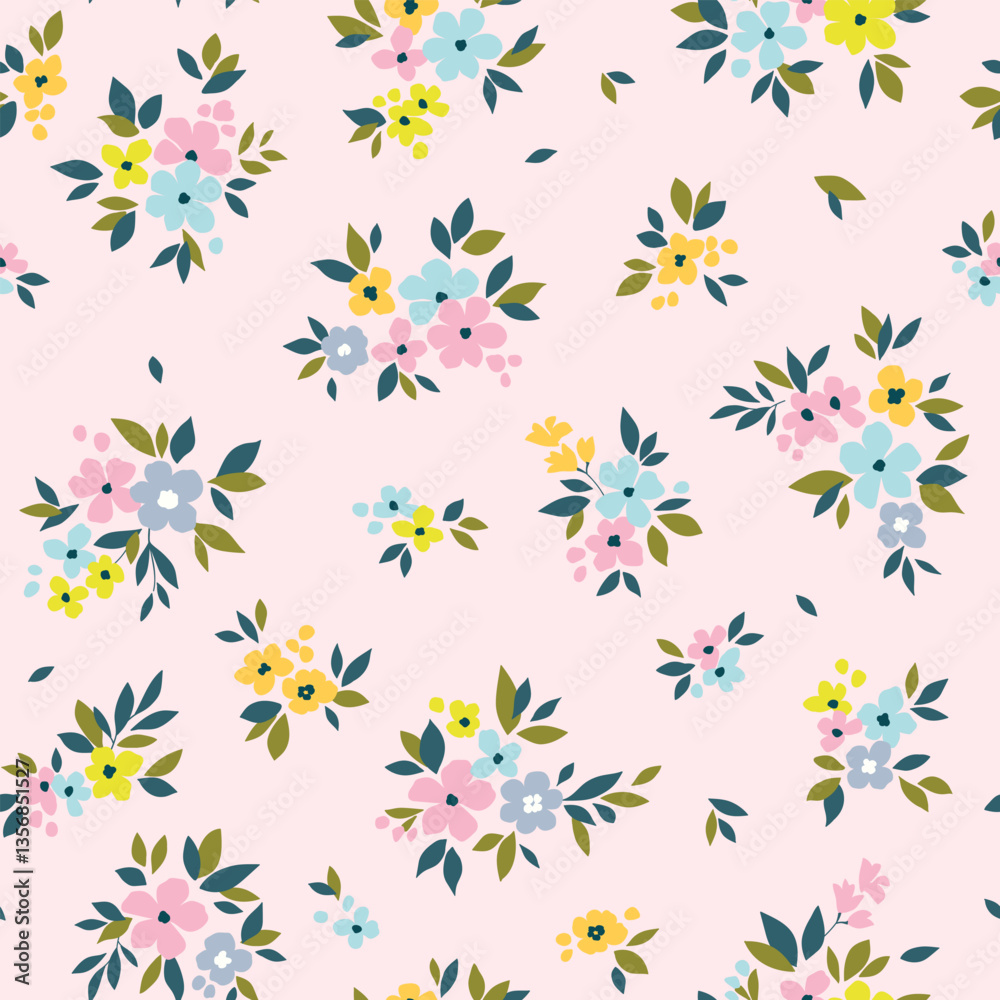 Vector seamless pattern. Easter spring pattern in small flowers. Small blue, pink and yellow flowers. Pink background. Ditsy floral background. Gentle template for fashion prints. Stock vector. Vector seamless pattern. Easter spring pattern in small flowers. Small blue, pink and yellow flowers. Pink background. Ditsy floral background. Gentle template for fashion prints. Stock vector.