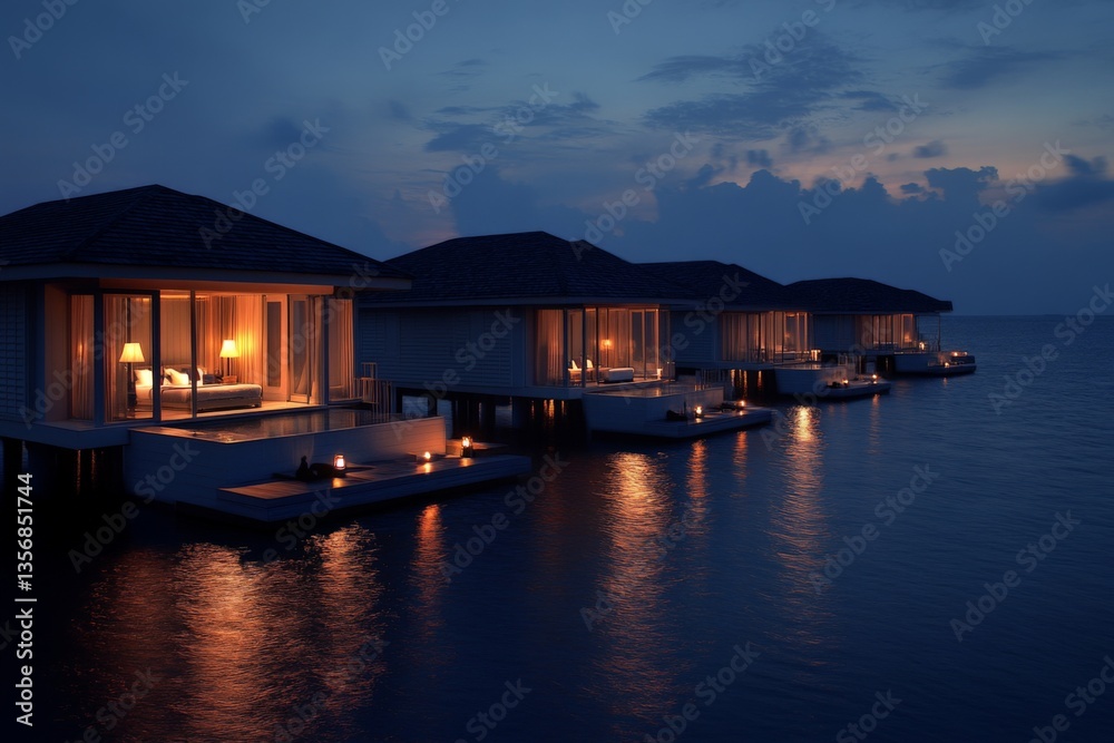 Fototapeta premium Romantic overwater bungalows illuminated at dusk on a tranquil ocean landscape