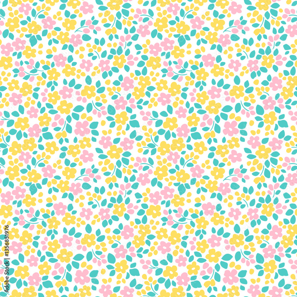 Seamless floral pattern. Cute field of flowers of small pink and yellow flowers and green leaves. Light flowers on white background in Easter spring vintage print. Stock vector for prints on surface.