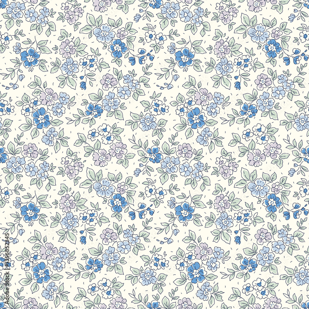 Fototapeta premium Cute floral background. Floral pattern with small monochrome blue flowers on a white background. Seamless pattern for design and fashion prints. Ditsy style. Stock vector illustration.