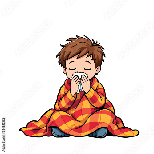 Sick child blowing nose while wrapped in blanket