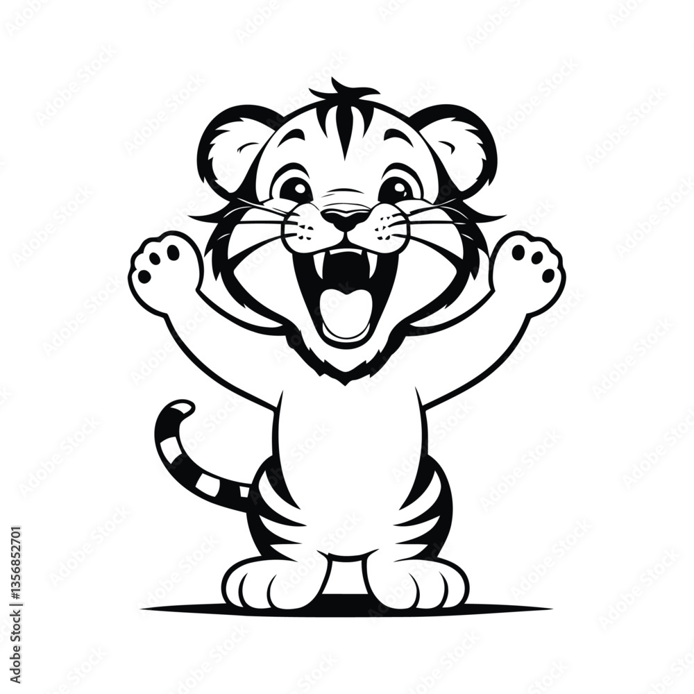 Fototapeta premium minimalistic black and white vector illustration of a smiling baby tiger with perked-up ears and playful eyes on a clean white background