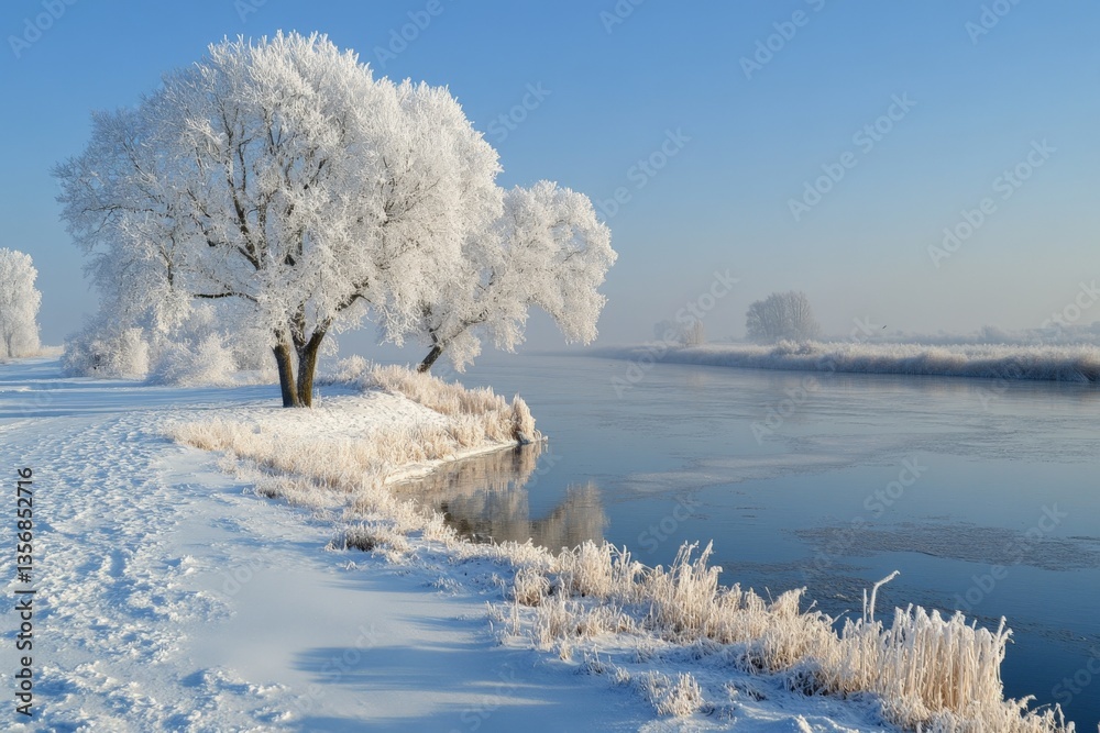 Frosty winter landscape with trees along a frozen river under clear blue sky at dawn Frosty winter landscape with trees along a frozen river under clear blue sky at dawn