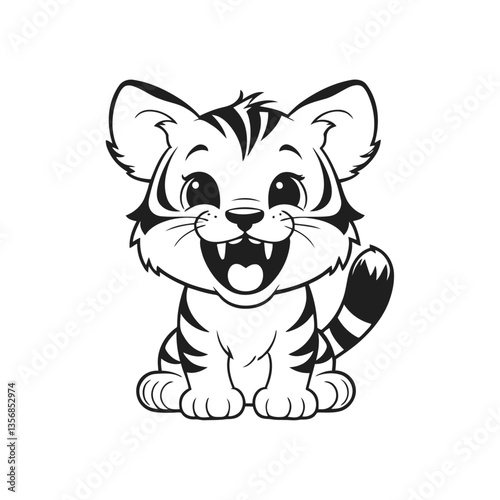 black and white vector silhouette of a baby tiger with a joyful expression, prancing happily on a white background