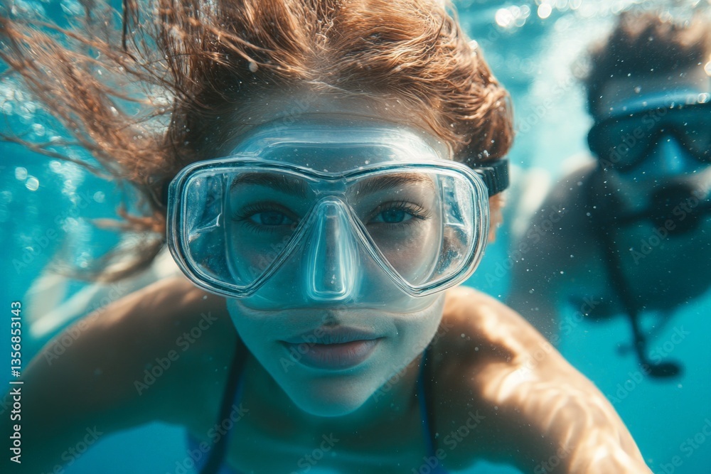 Fototapeta premium Diving adventure in clear water where two friends explore underwater life in a tropical setting
