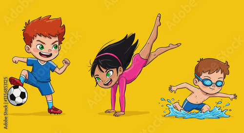 Cartoon Kids Engaged in Sports Activities