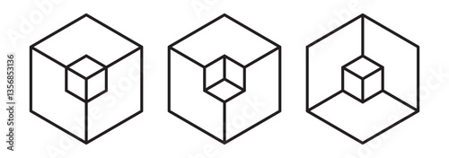 Isometric abstract cube vector icon set. Geometric block, box or brick logo. Dotted, dashed, outline, solid isolated illustrations. Wireframe 3d sign. Square three-dimensional frame. EPS10
