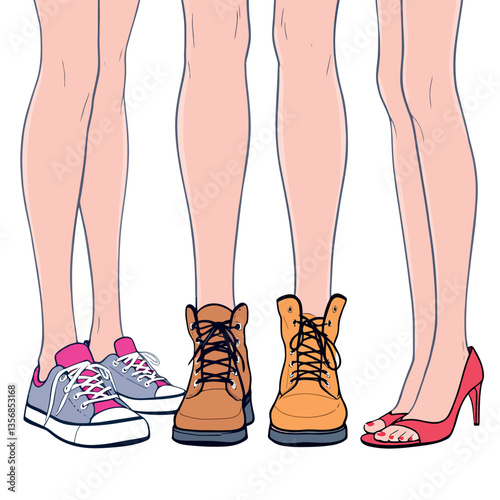 Legs wearing different types of shoes, from sneakers to elegant heels, showing fashion and style diversity