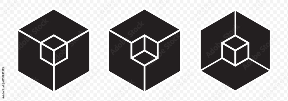 Isometric abstract cube vector icon set. Geometric block, box or brick logo. Dotted, dashed, outline, solid isolated illustrations. Wireframe 3d sign. Square three-dimensional frame. EPS10