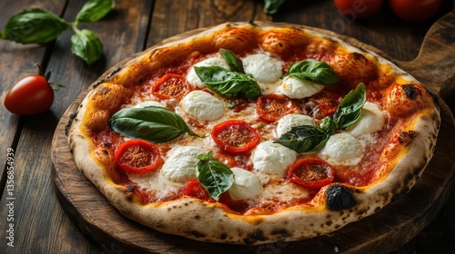 A traditional Neapolitan pizza served on a rustic wooden pizza board, topped with simple yet flavorful ingredients like mozzarella, tomato, and basil.