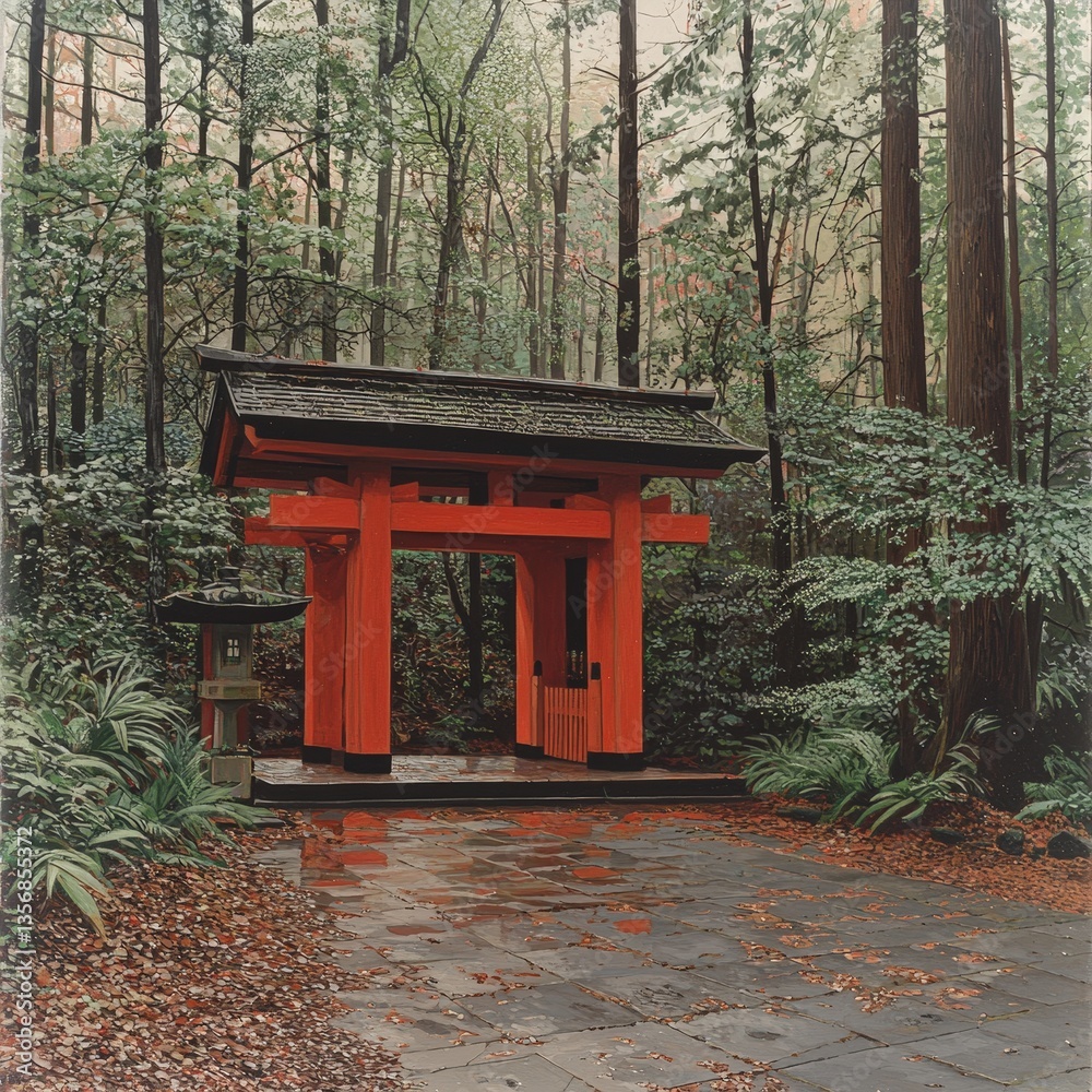 Naklejka premium Striking red shrine nestled in the heart of the woods surrounded by majestic trees and nature's splendor