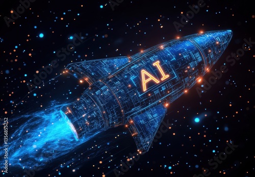 A rocket is flying through space with a bright orange trail behind it
