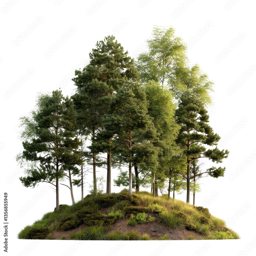 Fototapeta premium Lush Green Trees on a Small Hill Surrounded by Grass and Bright Vegetation in Natural Setting
