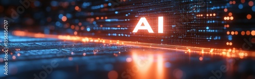 A cityscape with glowing lights and the word AI in the center