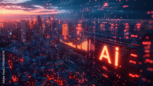 A cityscape with a glowing red letter A in the middle