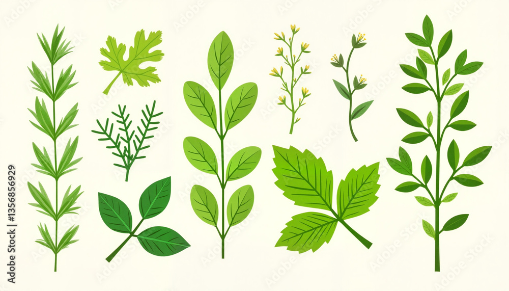 Vibrant fresh thyme and herbs illustration in playful garden setting, nature's bounty