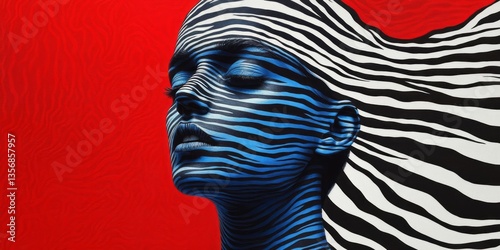 Woman with zebra pattern on face against red backdrop