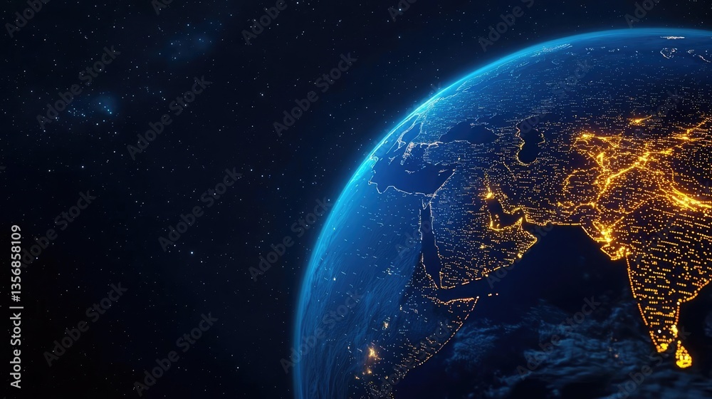 Obraz premium Earth at night with global communications and cityscapes concept. A stunning view of Earth illuminated by city lights at night.