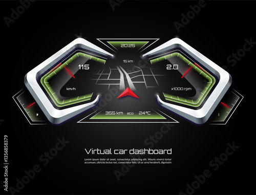 Virtual digital car dashboard concept. HUD vehicle interface with navigation mode. Neon illuminated control panel of a car with speedometer, tachometer, virtual navigator etc. Vector illustration
