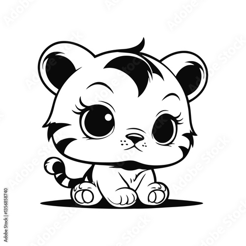 sleek black and white vector illustration of a baby tiger with a drooping tail and a sad face, sitting alone on a white background