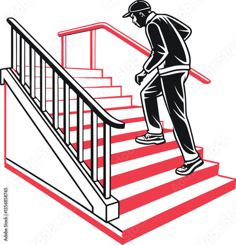 Man Climbing Stairs with Railing, Retro Style Graphic