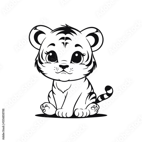 A black and white vector silhouette of a baby tiger sitting with a sad look on its face, ears drooping on a white background