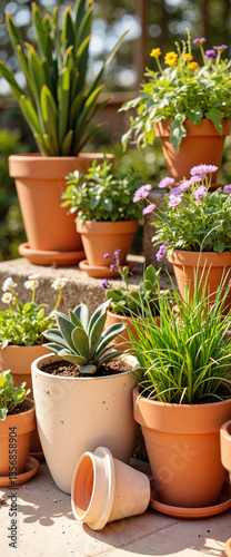 Colorful flower pots arranged on sunny patio, vibrant garden decor