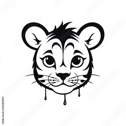 A minimalistic black and white vector illustration of a baby tiger with sad eyes and a drooping tail on a clean white background
