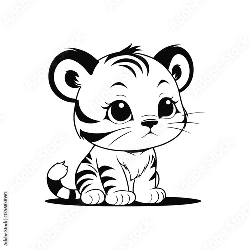 A black and white vector silhouette of a baby tiger with a sorrowful face, its small paws tucked under on a white background