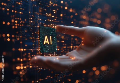 A hand is holding a computer chip with the letters AI on it