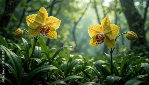 Orchid flowers in a tranquil mood blooming amidst lush green foliage in a forest
