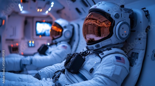 Fototapeta Naklejka Na Ścianę i Meble -  Astronauts are seated in a spacecraft, equipped with advanced technology and instruments in preparation for an upcoming space mission, highlighting the importance of teamwork and focus.