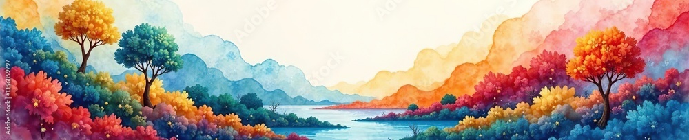 Fototapeta premium Abstract watercolor painting of a vibrant, asymmetrical ecological landscape with swirling colors and organic shapes, creative, environment