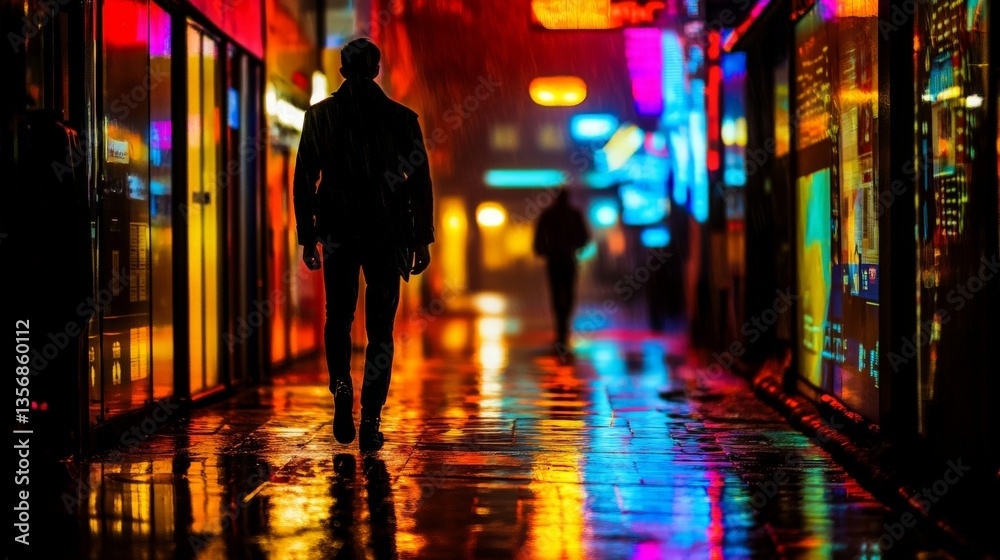 Silhouetted figure in vibrant neon rainy street at night Silhouetted figure in vibrant neon rainy street at night