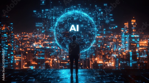 A person stands in front of a glowing sphere with the word AI written on it