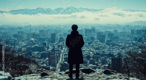 A man stands on a snowy mountain overlooking a city