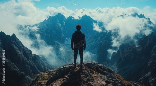 A man stands on a mountain top, looking out over the landscape