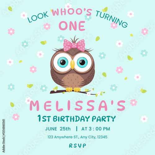 Birthday invitation. Owl girl with pink bow, delicate flowers in the background, one year