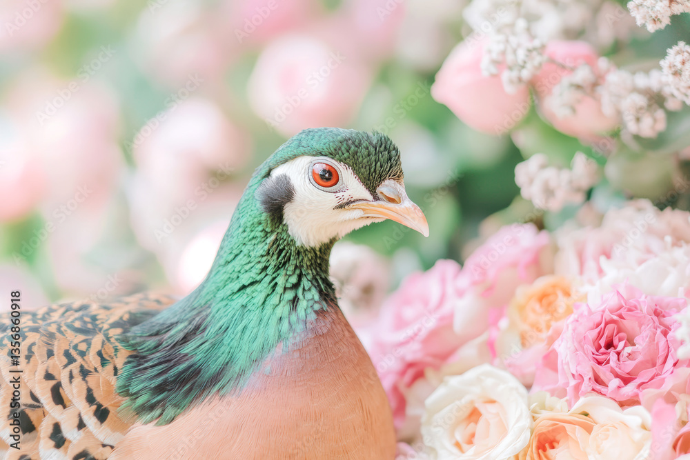 Obraz premium Pheasant with vibrant feathers surrounded by lush pastel flowers in dreamy garden setting